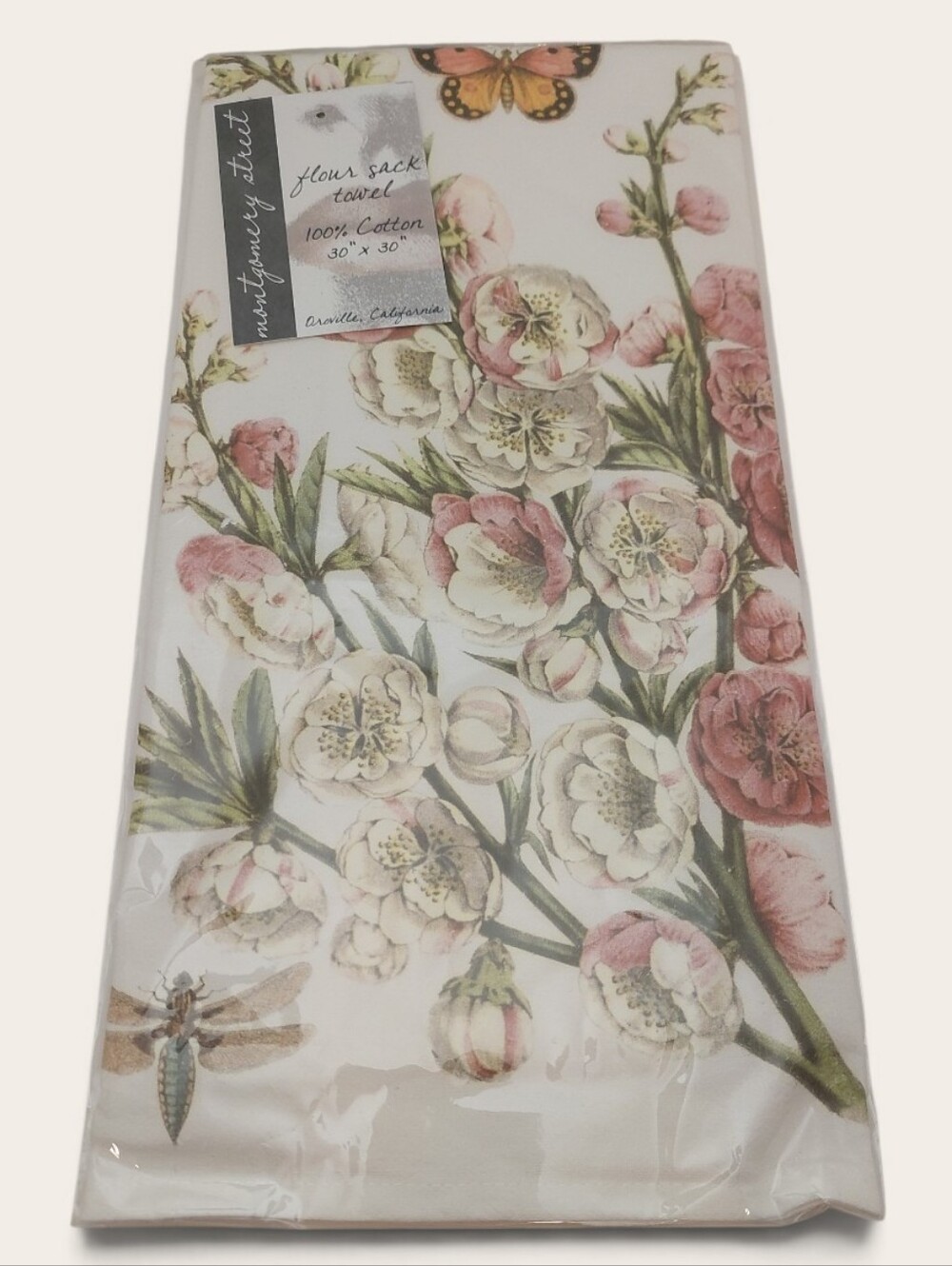 NEW Flour Sack Cotton Towel Baking Floral Butterfly Pink Giftable
